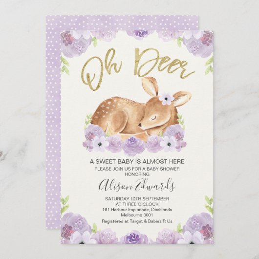 Rustic Lila Floral Deer Baby shower Uitnodiging (Voorkant / Achterkant)