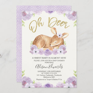 Rustic Lila Floral Deer Baby shower Uitnodiging