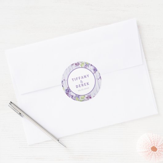 Rustic Lila huwelijk Ronde Sticker (Envelop)