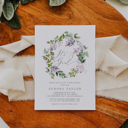 Rustic Lila It's A Girl Baby Shower Kaart