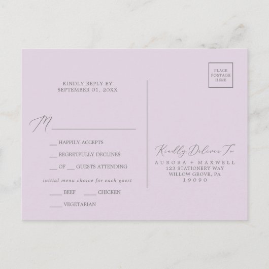 Rustic Lila Menu RSVP-Briefkaart (Achterkant)