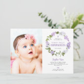Rustic Lilac Flowers Photo First Holy Communion Kaart (Staand voorkant)