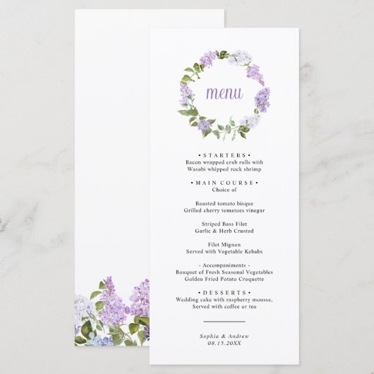 Rustic Lilac Flowers Wedding Menu (Voorkant / Achterkant)