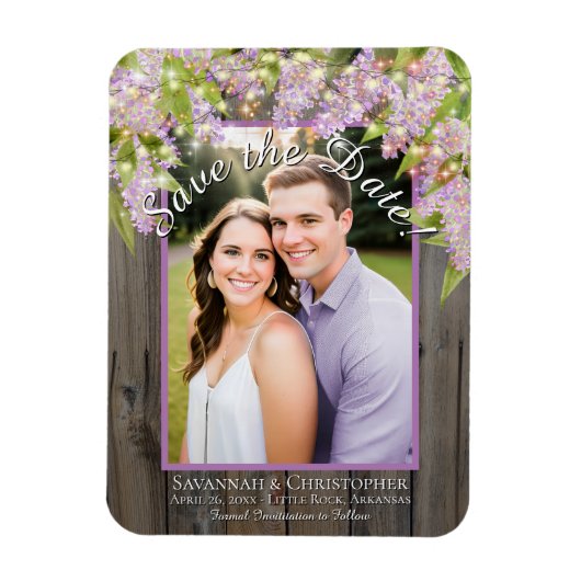 Rustic Lilacs Lights & Photo Wedding Save the Date Magneet (Verticaal)