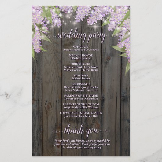 Rustic Lilacs on Barn Wood Budget Wedding Programm (Achterkant)