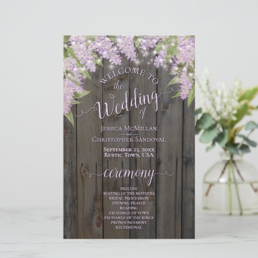 Rustic Lilacs on Barn Wood Budget Wedding Programm (Staand voorkant)