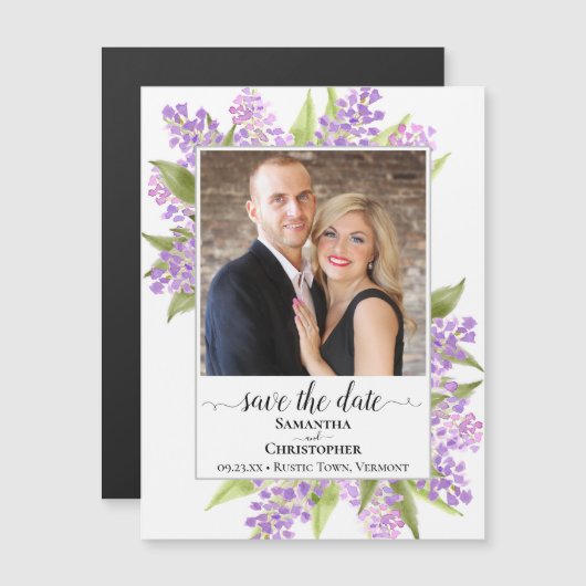 Rustic Lilacs & Photo White Wedding Save the Date Magnetische Uitnodiging (Voorkant / Achterkant)