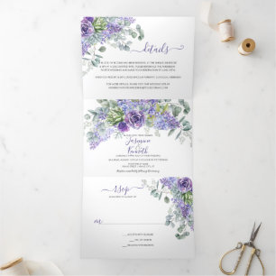 Rustic Lilacs, Succulents, Eucalyptus Wedding Drieluik Uitnodiging