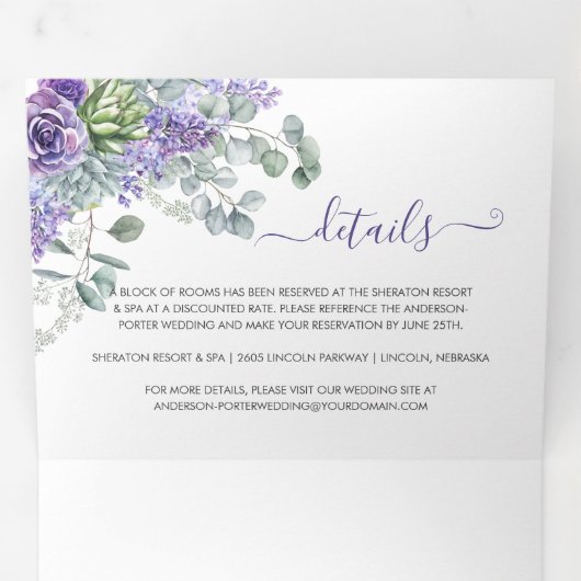 Rustic Lilacs, Succulents, Eucalyptus Wedding Drieluik Uitnodiging (Binnenzijde eerst)