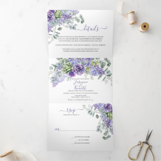 Rustic Lilacs, Succulents, Eucalyptus Wedding Drieluik Uitnodiging (Binnen)
