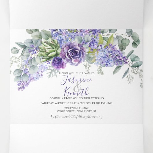 Rustic Lilacs, Succulents, Eucalyptus Wedding Drieluik Uitnodiging (Binnenkant midden)