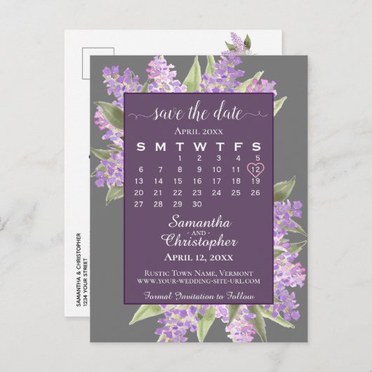 Rustic Lilacs Wedding Save the Date Calendar Gray Aankondigingskaart (Voorkant / Achterkant)