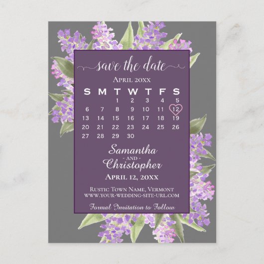 Rustic Lilacs Wedding Save the Date Calendar Gray Aankondigingskaart (Voorkant)