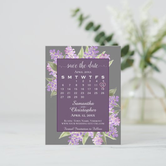 Rustic Lilacs Wedding Save the Date Calendar Gray Aankondigingskaart (Staand voorkant)