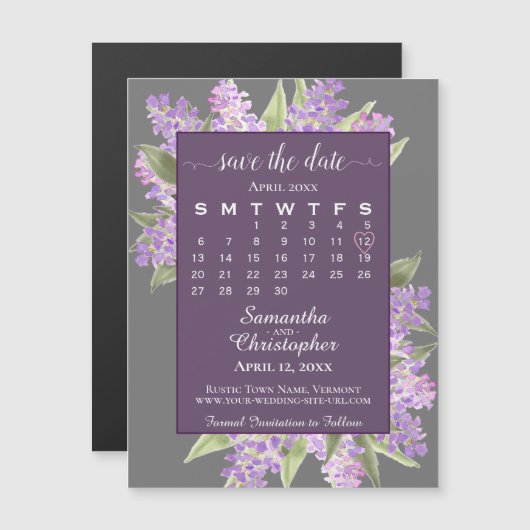 Rustic Lilacs Wedding Save the Date Calendar Gray Magnetische Uitnodiging (Voorkant / Achterkant)