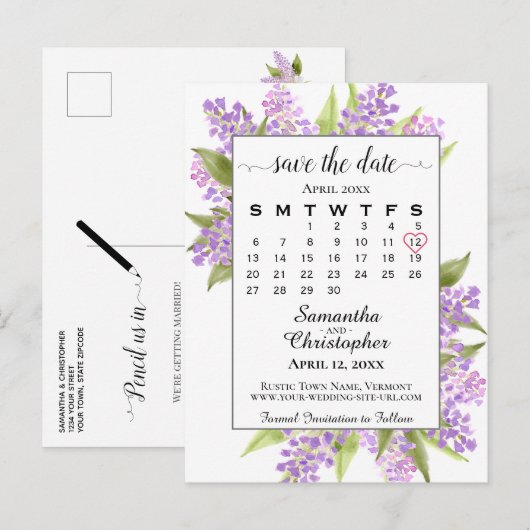 Rustic Lilacs Wedding Save the Date Calendar White Aankondigingskaart (Voorkant / Achterkant)