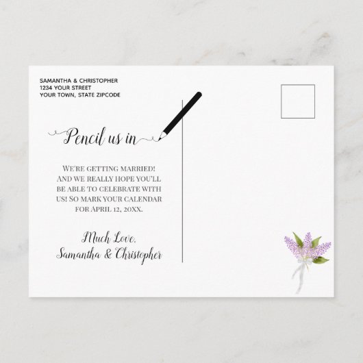 Rustic Lilacs Wedding Save the Date Calendar White Aankondigingskaart (Achterkant)