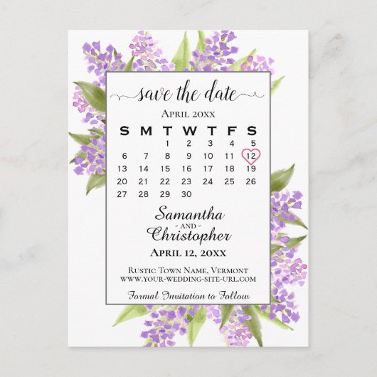 Rustic Lilacs Wedding Save the Date Calendar White Aankondigingskaart (Voorkant)