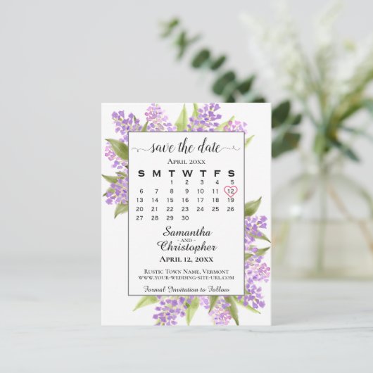 Rustic Lilacs Wedding Save the Date Calendar White Aankondigingskaart (Staand voorkant)