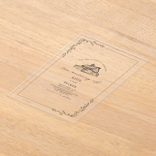 Rustic Line Art Barn Botanische bruiloft Acryl Uitnodigingen (Laagn)