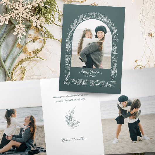 Rustic Line Drawn Christmas Botanical Arch 1-Photo Drieluik Wenskaart