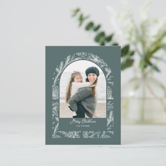 Rustic Line Drawn Christmas Botanical Arch 1-Photo Feestdagenkaart (Staand voorkant)
