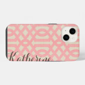 Rustic Linen Beige en Roze Trellis Monogram iPhone Hoesje (Achterkant horizontaal)