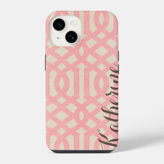 Rustic Linen Beige en Roze Trellis Monogram iPhone Hoesje (Achterkant)