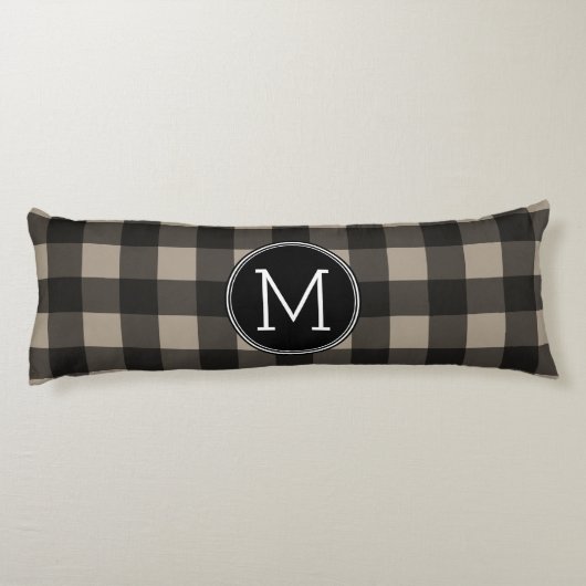 Rustic Linen Black Buffalo Pset Pattern Monogram Lichaamskussen (Achterkant)