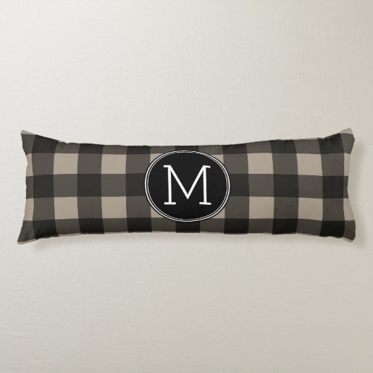 Rustic Linen Black Buffalo Pset Pattern Monogram Lichaamskussen (Voorkant)
