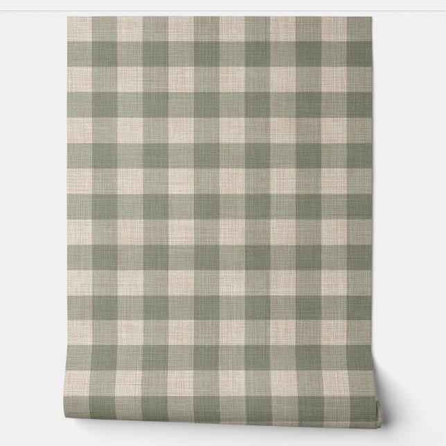 Rustic Linen Buffalo Check Beige and Green Plaid Behang (Afrollen)