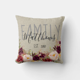 Rustic Linen Burgundy Floral Familienaam Keepslag Kussen