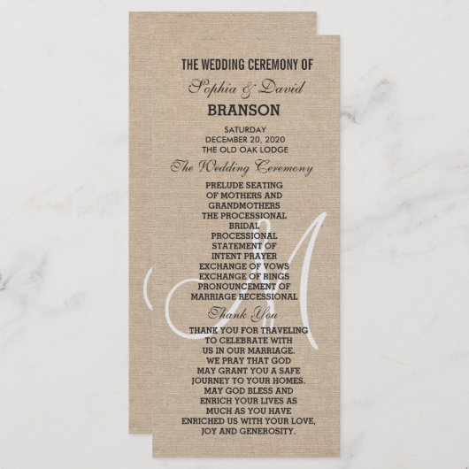 Rustic Linen Canvas Trouw Monogram Programma Aange Programmakaart (Voorkant / Achterkant)