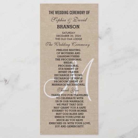 Rustic Linen Canvas Trouw Monogram Programma Aange Programmakaart (Voorkant)