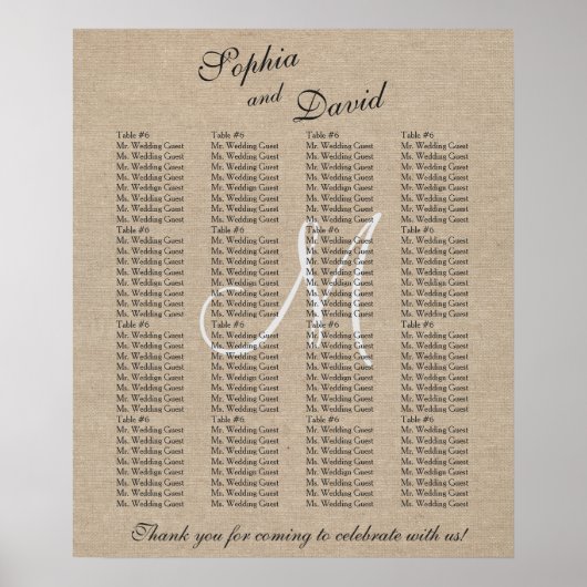 Rustic Linen Canvas Trouw Monogram Stoelenkaart Poster (Voorkant)