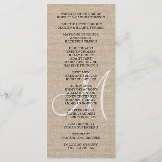 Rustic Linen Canvas Trouwmonogram Programma Aangep Programmakaart (Achterkant)