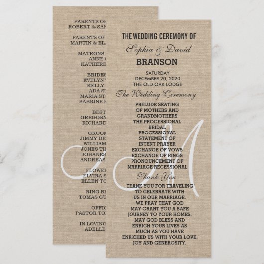 Rustic Linen Canvas Trouwmonogram Programma Aangep Programmakaart (Voorkant / Achterkant)