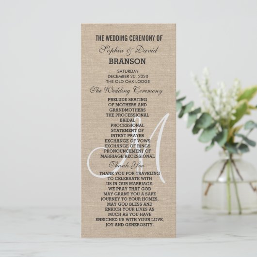 Rustic Linen Canvas Trouwmonogram Programma Aangep Programmakaart (Staand voorkant)