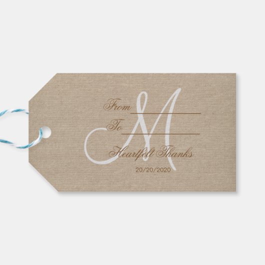Rustic Linen Canvas Wedding Monogram Initiaal Cadeaulabel (Achterkant Horizontaal)