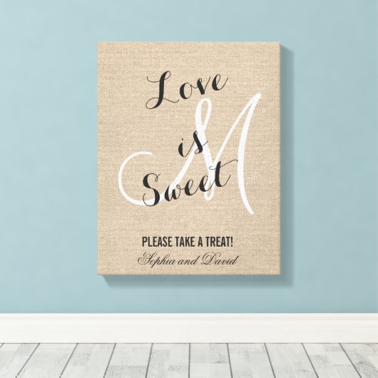 Rustic Linen Canvas Wedding Monogram LOVE is SWEET (Insitu (Houten vloer))