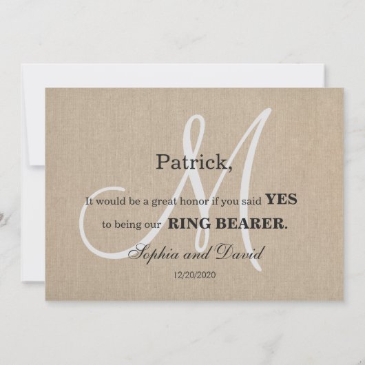 Rustic Linen Canvas Wedding Monogram Ring Bearer Kaart (Achterkant)