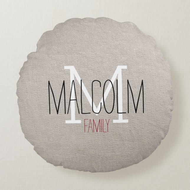 Rustic Linen Family Monogram Sierkussen Rond Kussen (Voorkant)