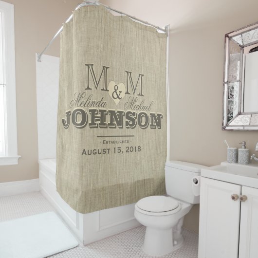 Rustic Linen Heart Monogram Wedding Douchegordijn (In situ)
