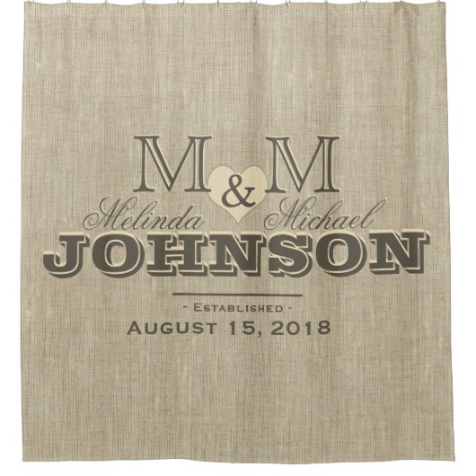 Rustic Linen Heart Monogram Wedding Douchegordijn (Voorkant)