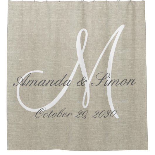 Rustic Linen look and White Monogram Wedding Douchegordijn (Voorkant)