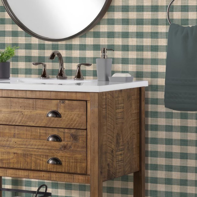 Rustic Linen Look Buffalo Check Plaid Blue n Tan Behang (rustic masculine mountain lodge cabin styled buffalo check plaid in dusty blue green and creamy tan
)