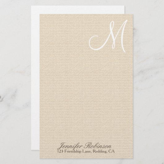 Rustic Linen look with White Monogram Briefpapier (Voorkant / Achterkant)