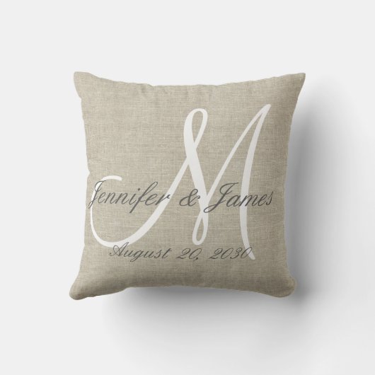 Rustic Linen look with White Monogram Weddenschap Kussen (Achterkant)