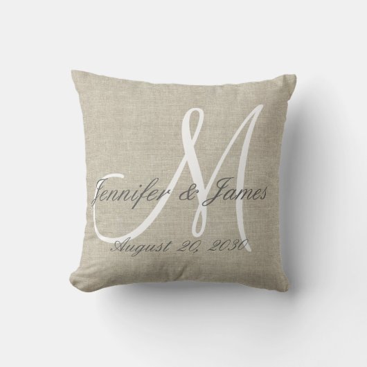 Rustic Linen look with White Monogram Weddenschap Kussen (Voorkant)
