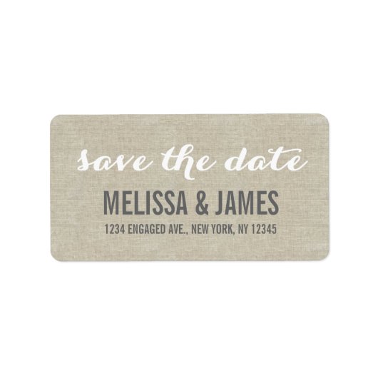 Rustic Linen Script Save the Date Etiket (Voorkant)